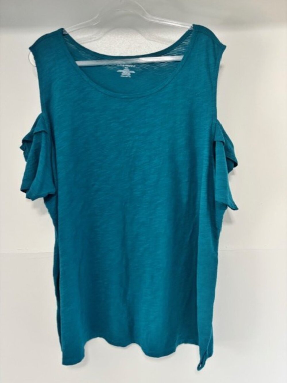 Lane Bryant Womens 22/24 Teal 100% Cotton Cold Shoulder Short Ruffle Sleeve Top